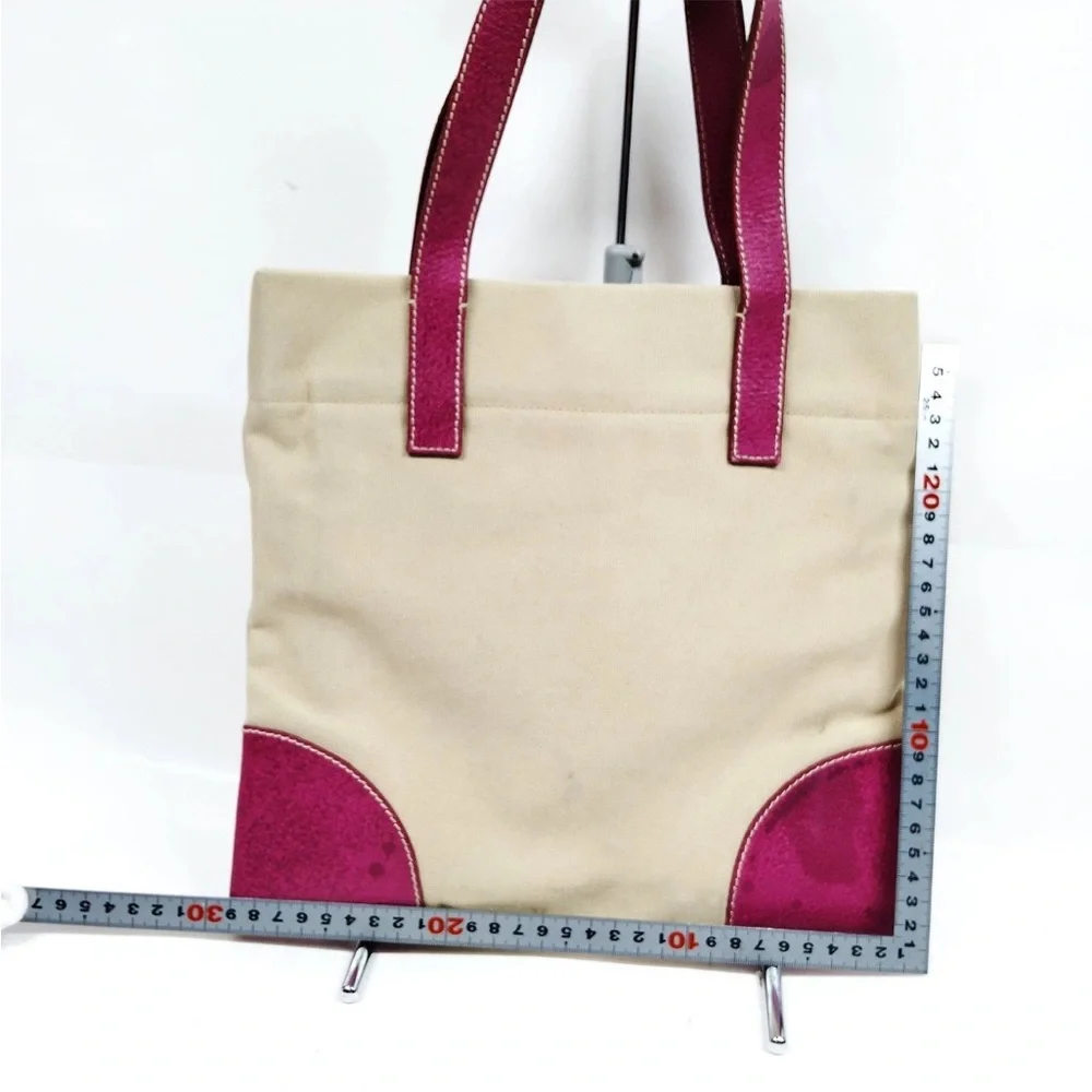 Prada Beige Canvas Tote with Pink Leather Handles and Accents